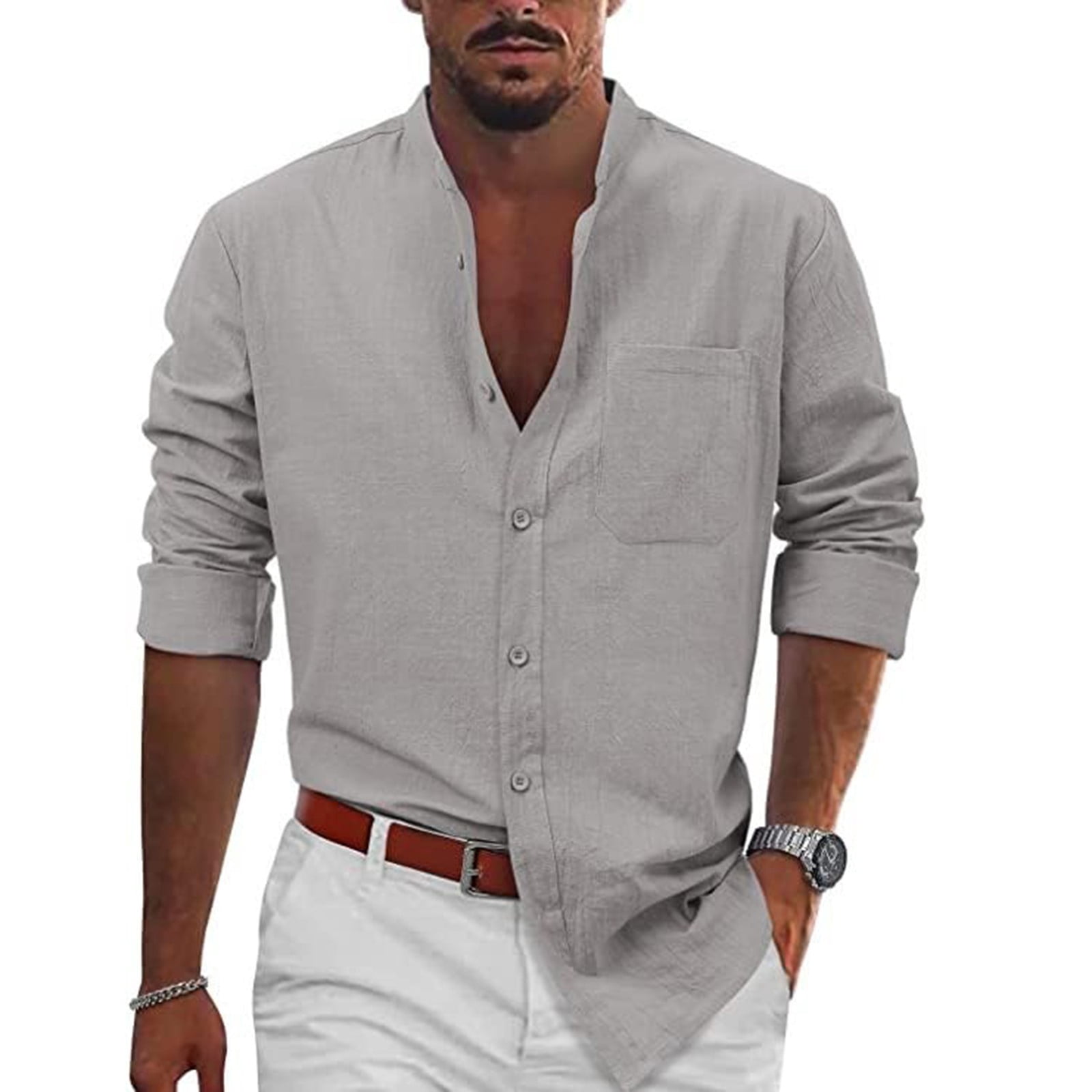 Xyxonk Mens Cotton Linen Henley Shirts Casual Button Down Collar T ...