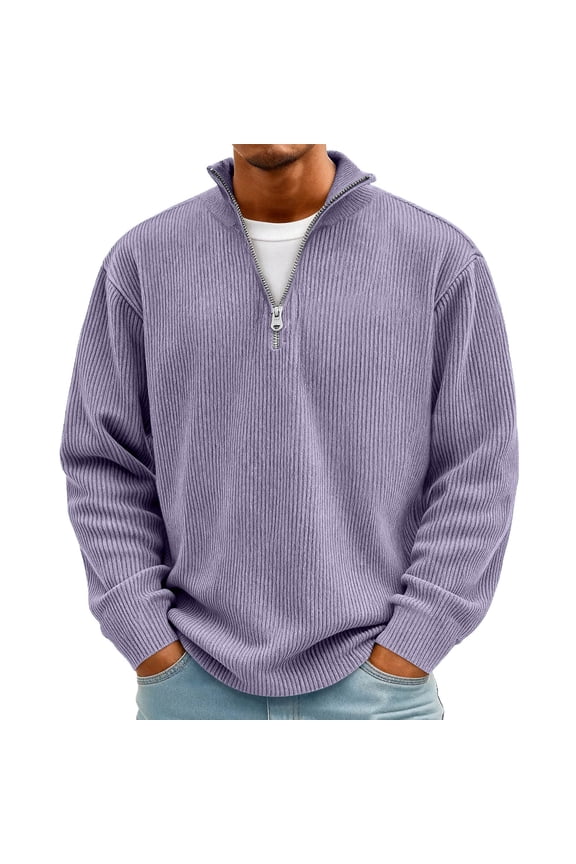 Mens Quarter Zip Sweater 2025 Corduroy Pullover Dressy Long Sleeves Sweatshirts Fall Big and Tall Textured Band-Collar Clothes,Purple S-5XL