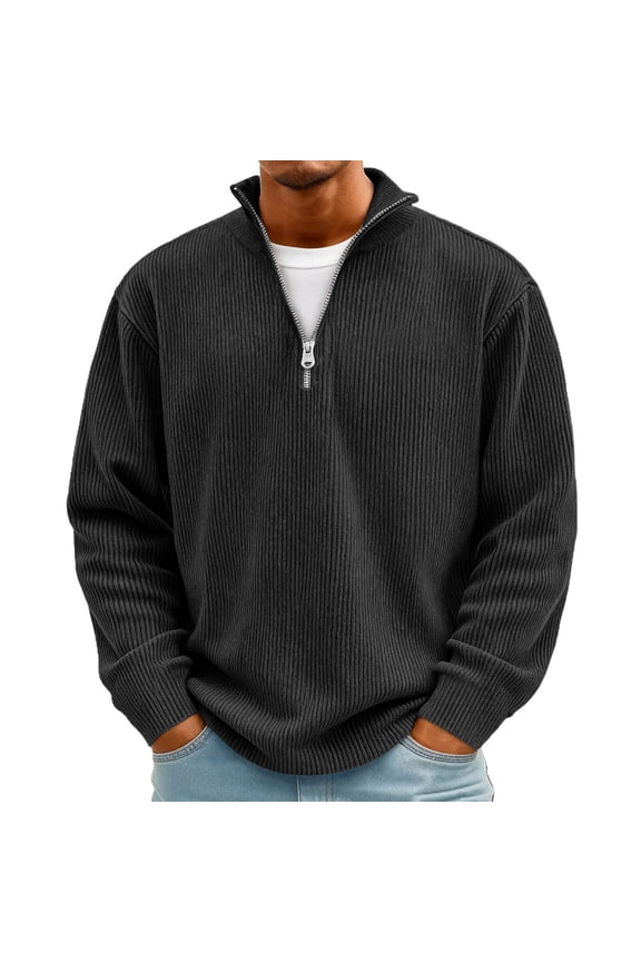 Mens Quarter Zip Sweater 2025 Corduroy Pullover Lightweight Long Sleeves Sweatshirts Fall Winter Big and Tall Textured Clothing,Black S-5XL