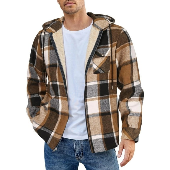 Xyxonk Mens Sherpa Lined Fleece Shirts Jacket Plaid Flannel Zip Up Hoodies Heavyweight Winter Warm Coat with Pocket,Orange L