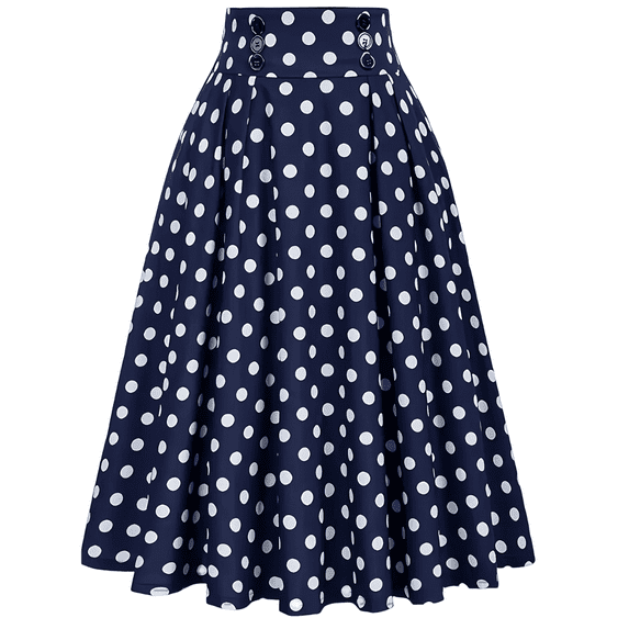 Xyxonk Midi Skirt for Women Cute Polka Dot Print Elastic High Waisted Skirt with Pockets Fashion A Line Button Pleated Flared Swing Skirts Royal Blue M