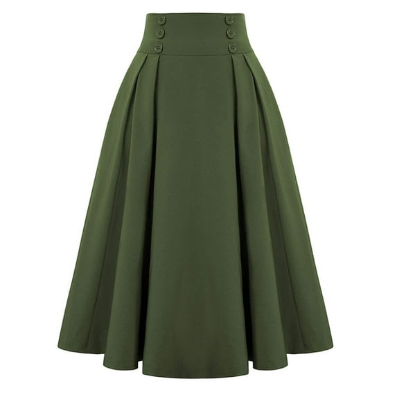 Xyxonk Midi Skirt for Women Plus Size Solid Color Elastic High Waisted Skirts with Pockets Fashion A Line Button Pleated Flared Swing Skirt Army Green L