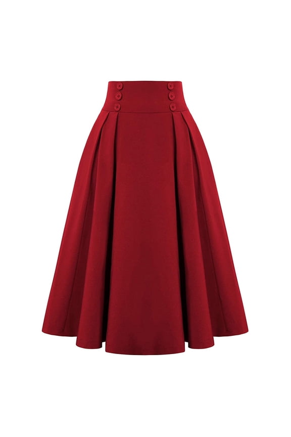 Midi Skirts for Women Plus Size Solid Color Elastic High Waisted Skirts with Pockets Casual A Line Button Pleated Flared Swing Skirt Red M
