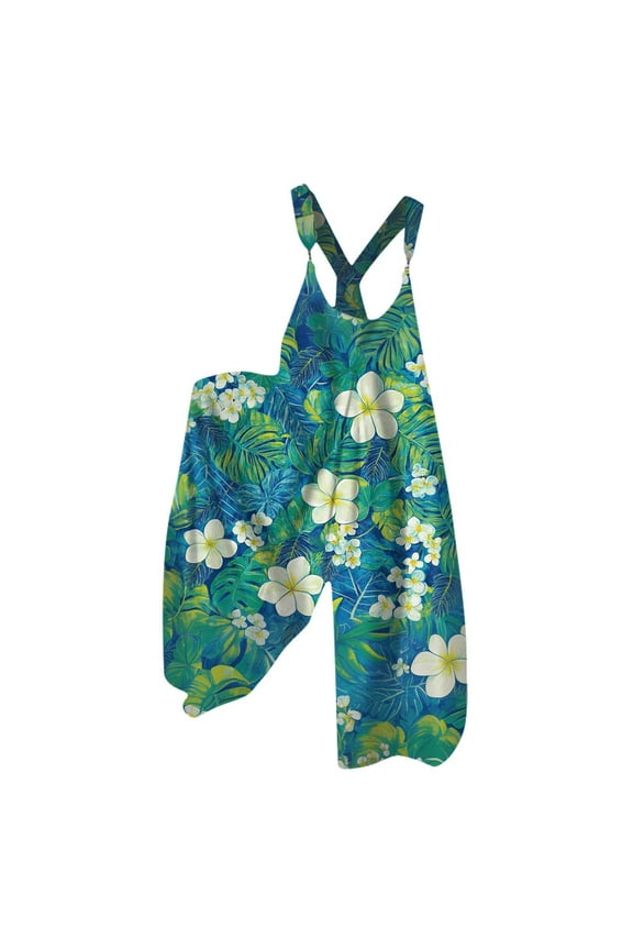 Overalls for Women Boho Bib Plus Size Rompers Floral Print Wide Leg 2025 Hippie Clothes Sky Blue M