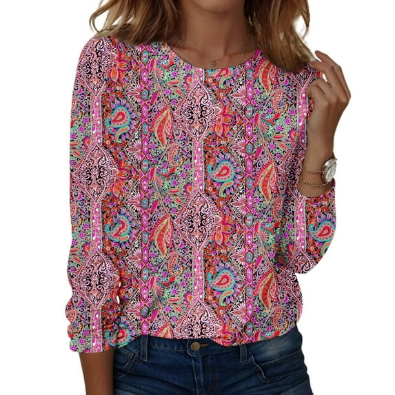 Xyxonk Oversized Tshirts for Women Long Sleeve Dressy Casual Crew Neck Tops Fall Plus Size Blouses Loose Fit 2025 Retro Floral Print Shirts S-5XL