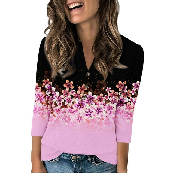 Xyxonk Oversized Tshirts for Women 3/4 Sleeve Dressy Casual T Shirts Winter V-neck Tops 2025 Loose Fit Retro Floral Print Button Down Blouses S-3XL