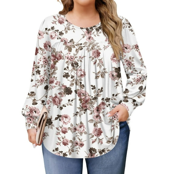 Xyxonk Oversized Tshirts for Women Long Sleeve Loose Fit Shirt Round Neck Pleated Vintage Floral Print Blouse Dressy Casual Winter Clothes L-5X