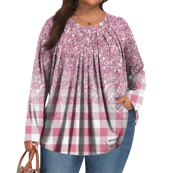 Xyxonk Oversized Tshirts for Women Long Sleeve Shirt Pleated Crew Neck Loose Fit Blouses Winter Business Vintage Floral Print Outfits Pink 1X-5X
