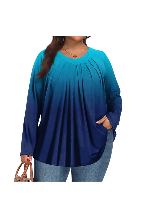 Oversized Tshirts for Women Long Sleeve Shirt Pleated Round Neck Loose Fit Blouse Winter Fashion Gradient Print Outfits Sky Blue 1X-5X