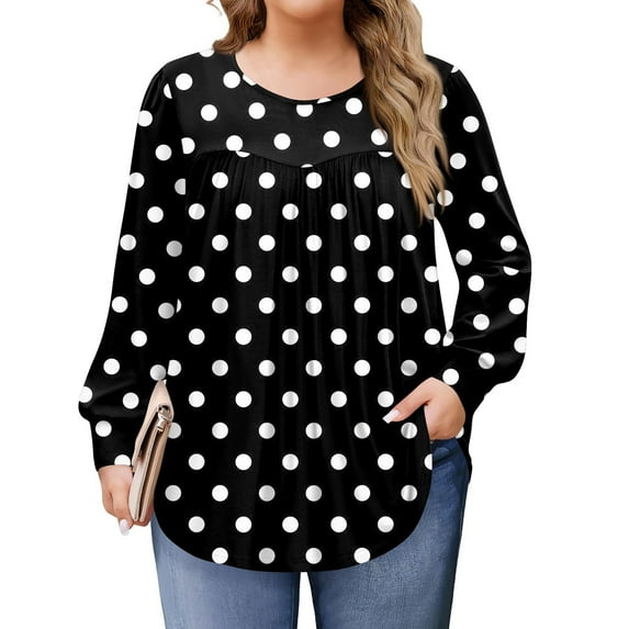 Xyxonk Oversized Tshirts for Women Long Sleeve T Shirts Pleated Round Neck Loose Fit Blouses Winter Business Geometric Print Outfits L-5X