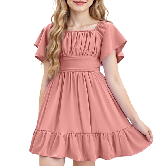 Xyxonk Pink Dress for Girls Tie Back Summer Dresses Elegant Ruffle Short Sleeve Sundresses Square Neck Off Shoulder Solid Color Clothing 4-15 Years Pink