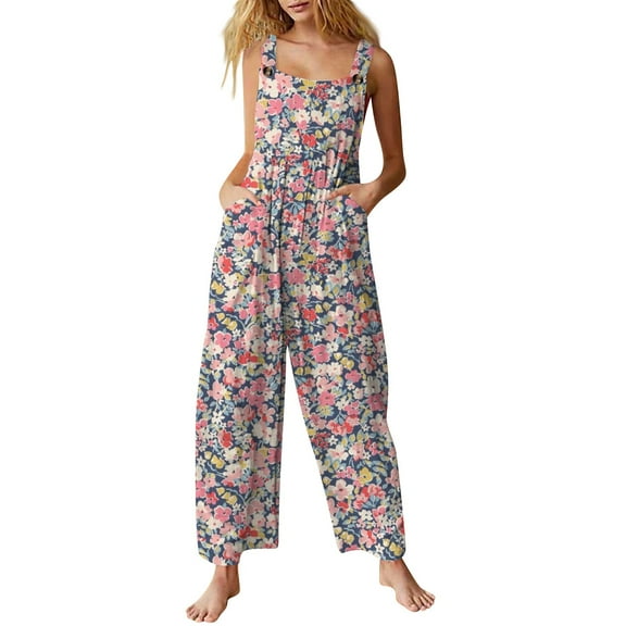Xyxonk Pink Jumpsuit for Women Floral Printed 4X-5X Sleeveless Cotton Jumpsuits Loose Trendy Romper with Pockets Comfy Jumpers Pink 5XL