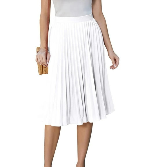 Xyxonk Pleated Midi Skirts for Women High Waist Elastic Skirt Casual Knee Length Summer Flowy Chiffon Swing Skirt White S