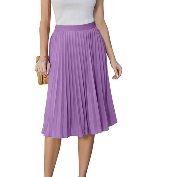 Xyxonk Pleated Midi Skirts for Women High Waist Elastic Skirt Summer Knee Length Summer Flowy Chiffon Swing Skirt Light Purple S