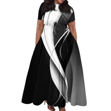 Xyxonk Plus Size Dresses for Curvy Women Casual Knee Lengh Short Sleeve Striped Color Block Printed Maxi Dress with Pockets Empire Waist Crewneck Clothes Black 2XL