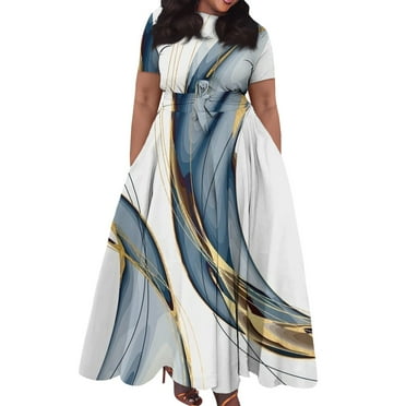 Xyxonk Plus Size Dresses for Curvy Women Casual Knee Lengh Short Sleeve Striped Color Block Printed Straps Swing Dress with Pockets Empire Waist Crewneck Oversized Clothing Gold 3XL