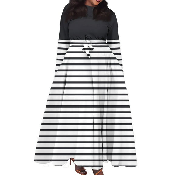 Xyxonk Plus Size Dresses for Curvy Women Trendy Knee Lengh Short Sleeve Striped Color Block Printed Maxi Dress with Pockets Empire Waist Crew Neck Oversized Clothes Black 3XL