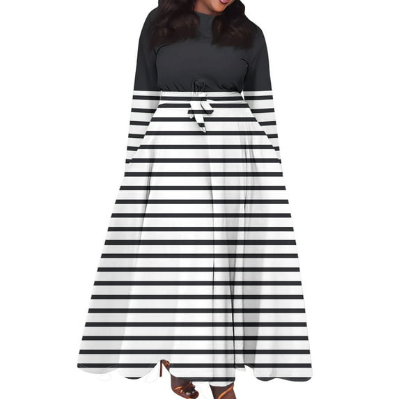 Xyxonk Plus Size Dresses for Curvy Women Trendy Knee Lengh Short Sleeve Striped Color Block Printed Maxi Dress with Pockets Empire Waist Crew Neck Oversized Clothes Black 3XL