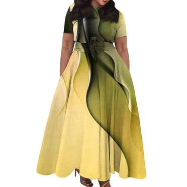 Xyxonk Plus Size Dresses for Women Casual Knee Lengh Short Sleeve Striped Color Block Printed A-Line Dress with Pockets Empire Waist Round Neck Loose Clothes Yellow XL