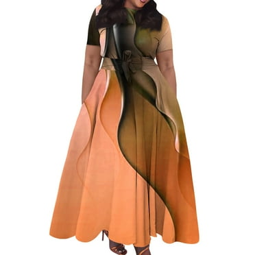 Xyxonk Plus Size Dresses for Women Fashion Knee Lengh Short Sleeve Striped Color Block Printed Pleated Swing Dress with Pockets Empire Waist Crewneck Clothing Orange XL