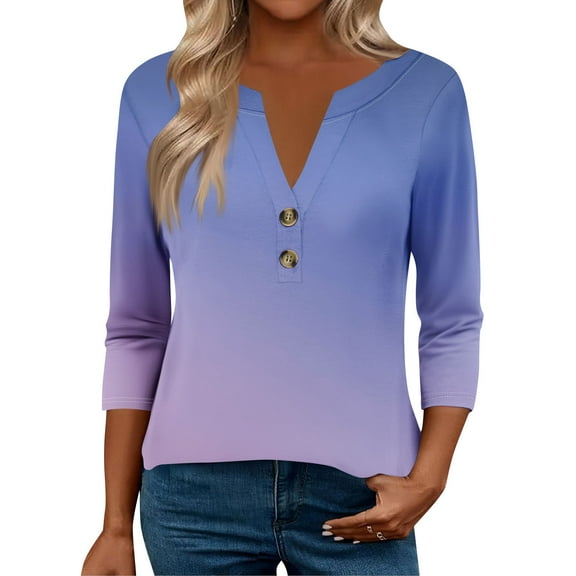 Xyxonk Plus Size Tops for Women 3/4 Sleeve Dressy Casual V-neck Henley Tops Fall Plus Size Button Down Blouses Loose Fit 2025 Retro Floral Print T Shirts S-2XL