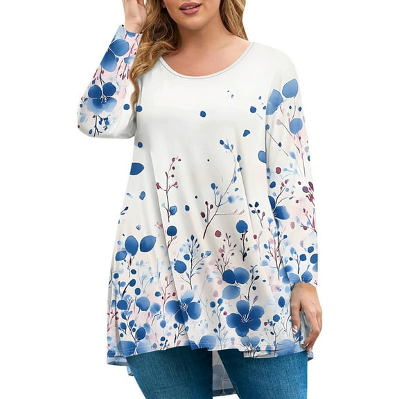 Xyxonk Plus Size Tops for Women Dressy Cute Womens 5x Blouse Crew Neck Womens Plus Size Tops Long Sleeve Floral Print Casual T Shirts 4x Womens Plus Size Clothes Blue 2XL