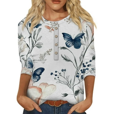 Xyxonk Plus Size Tops for Women Dressy Vintage Floral Print Crew Neck Button Down Shirt Three Quarter Length T-Shirts Loose Fit Graphic Blouse Women's Top Clothing Dark Blue L
