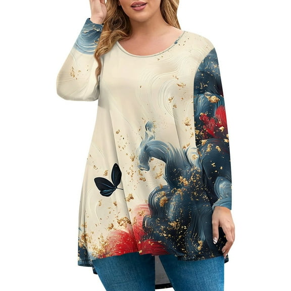 Xyxonk Plus Size Tops for Women Fall Casual Going Out Tunic Long Sleeve Crew-Neck Floral Graphic T-Shirt 4x-5x Trendy Tunics Navy L