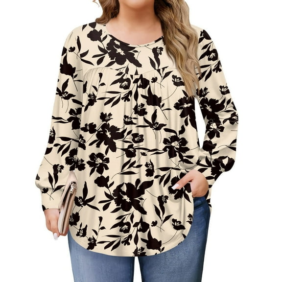 Xyxonk Plus Size Tops for Women Long Sleeve Loose Fit Shirt Round Neck Pleated Vintage Floral Print Blouse Dressy Casual Winter Clothes L-5X