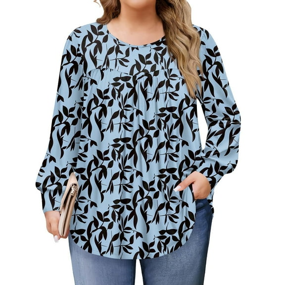 Xyxonk Plus Size Tops for Women Long Sleeve Loose Fit Shirts Crew Neck Pleated Vintage Floral Print Blouse Dressy Casual Fall Clothes L-5X