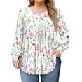 thumbnail image 1 of Xyxonk Plus Size Tops for Women Long Sleeve Loose Fit T Shirts Crew Neck Pleated Vintage Floral Print Blouse Dressy Casual Fall Outfits L-5X, 1 of 5