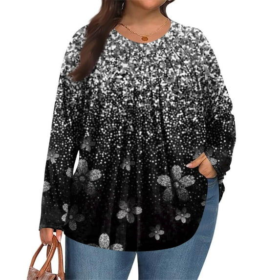 Xyxonk Plus Size Tops for Women Long Sleeve Shirt Pleated Crew Neck Loose Fit Blouse Fall Business Vintage Floral Print Clothes Gray 1X-5X