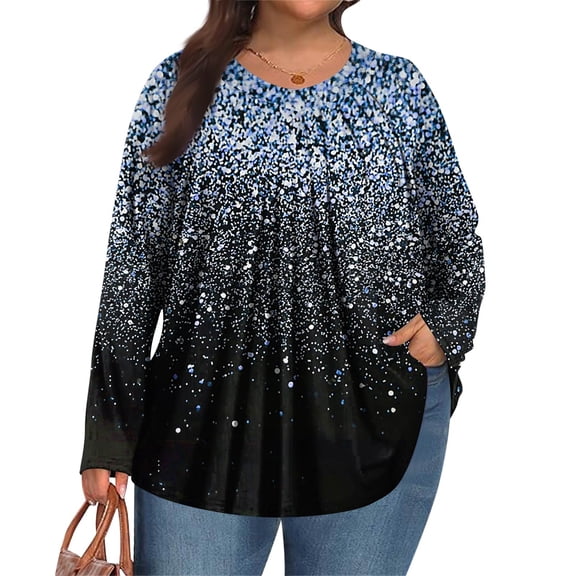 Xyxonk Plus Size Tops for Women Long Sleeve Shirt Pleated Crew Neck Loose Fit Blouses Fall Business Vintage Floral Print Outfits Blue 1X-5X