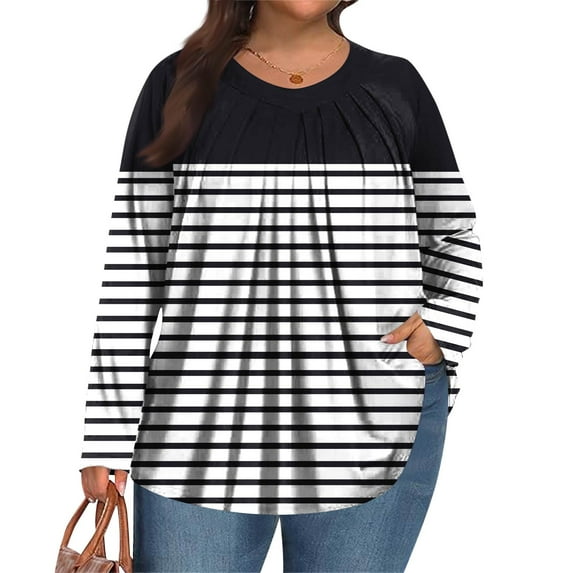 Xyxonk Plus Size Tops for Women Long Sleeve T Shirts Pleated Round Neck Loose Fit Blouses Fall Flowy Vintage Floral Print Clothes Dark Gray 1X-5X