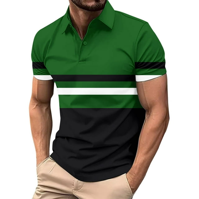 Xyxonk Polo Shirts for Men Contrast Color Short Sleeve T-Shirts Casual Comfortable Stretch Button Collared Workout Golf Shirt Dark Green S