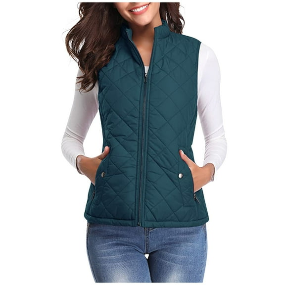 Xyxonk Puffer Vest Women Fall 2025 Quilted Jacket Zip-Up Sleeveless Outwear Vests Lightweight Stand Collar Coats With Pocket,Blue 2XL