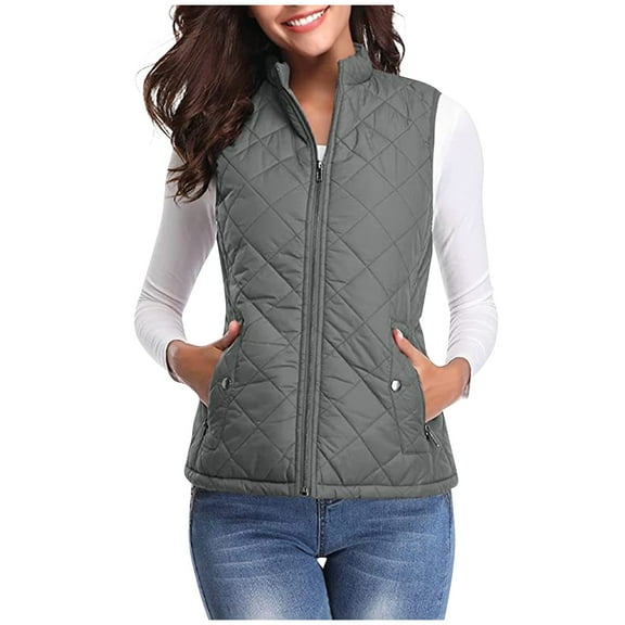 Xyxonk Puffer Vest Women Fall 2025 Quilted Jacket Zip-Up Sleeveless Outwear Vests Lightweight Stand Collar Coats With Pocket,Dark Gray S
