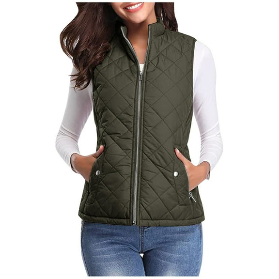 Xyxonk Puffer Vest Women Fall 2025 Quilted Jacket Zip-Up Sleeveless Outwear Vests Lightweight Stand Collar Coats With Pocket,Dark Green 2XL