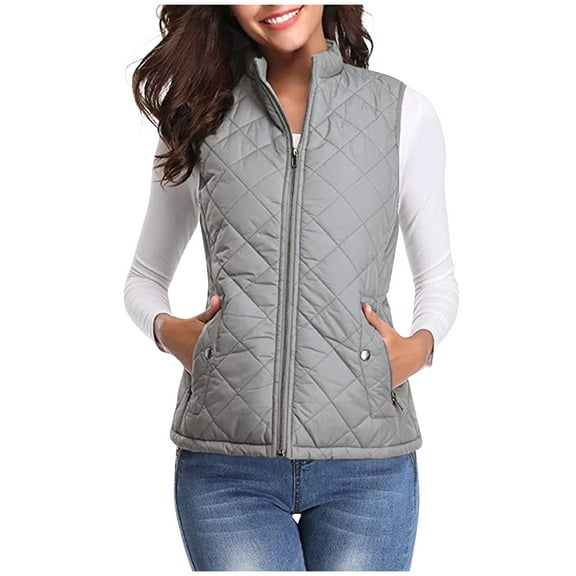 Xyxonk Puffer Vest Women Fall 2025 Quilted Jacket Zip-Up Sleeveless Outwear Vests Lightweight Stand Collar Coats With Pocket,Gray 2XL