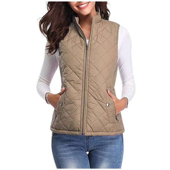 Xyxonk Puffer Vest Women Fall 2025 Quilted Jacket Zip-Up Sleeveless Outwear Vests Lightweight Stand Collar Coats With Pocket,Khaki M