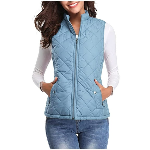 Xyxonk Puffer Vest Women Fall 2025 Quilted Jacket Zip-Up Sleeveless Outwear Vests Lightweight Stand Collar Coats With Pocket,Light Blue S