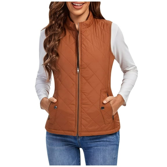 Xyxonk Puffer Vest Women Fall 2025 Quilted Jacket Zip-Up Sleeveless Outwear Vests Lightweight Stand Collar Coats With Pocket,Orange 2XL