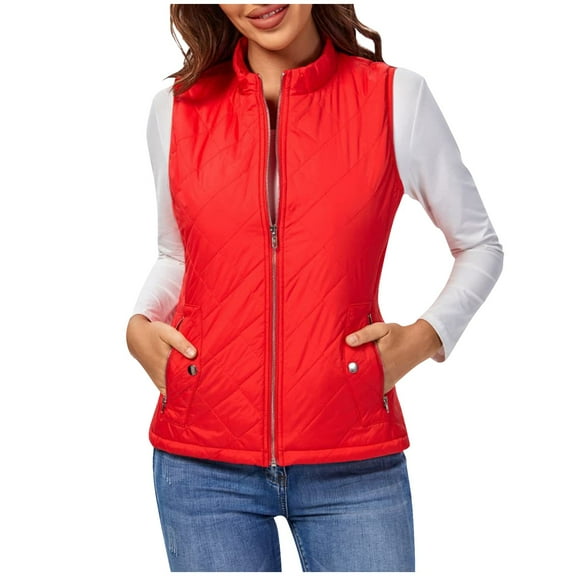 Xyxonk Puffer Vest Women Fall 2025 Quilted Jacket Zip-Up Sleeveless Outwear Vests Lightweight Stand Collar Coats With Pocket,Red 2XL