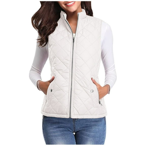 Xyxonk Puffer Vest Women Fall 2025 Quilted Jacket Zip-Up Sleeveless Outwear Vests Lightweight Stand Collar Coats With Pocket,White M