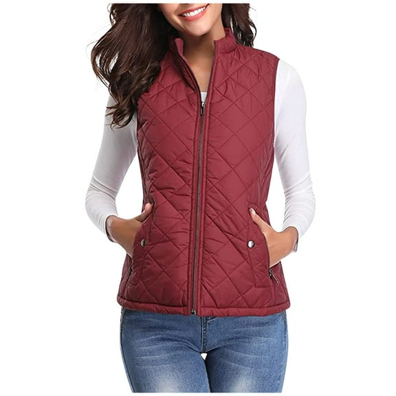 Xyxonk Puffer Vest Women Fall 2025 Quilted Jacket Zip-Up Sleeveless Outwear Vests Lightweight Stand Collar Coats With Pocket,Wine 2XL