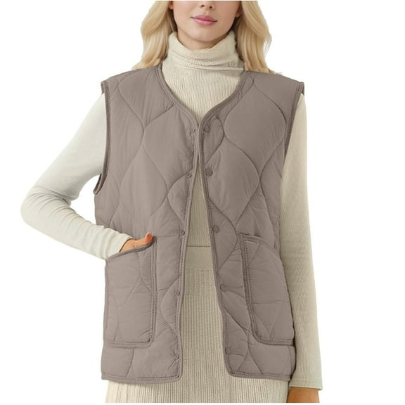 Xyxonk Puffer Vest Women Lightweight Fleece Lined Quilted Vest Snap Button Sleeveless Quilted Jackets Winter Outerwear,Khaki 3XL