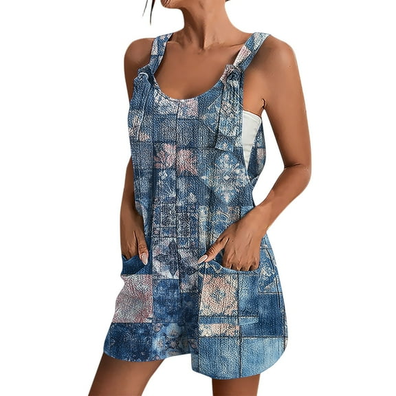 Xyxonk Rompers for Women 2025 Dressy Casual Summer Rompers Sleeveless Adjustable Straps Overalls with Pockets Loose Fit Floral Beach Vacation Jumpsuit Blue L