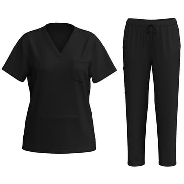 Xyxonk Scrub Sets for Woman Plus Size Nurse Uniforms Stretchy V-Neck Scrub Tops and Pants Scrub Set Medical Scrub Sets Tall Scrubs Black S