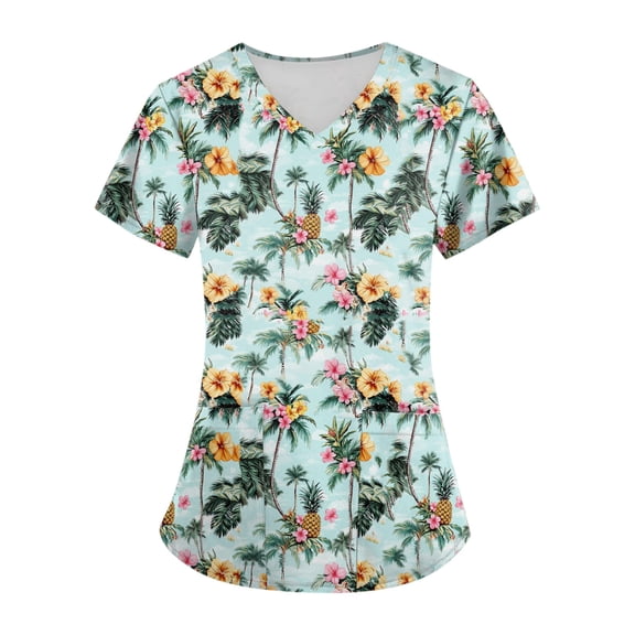 Xyxonk Scrub Tops Women Plus Size Cartoon Printed V Neck Shirts Comfortable Short Sleeve Stretch Care Uniforms with Pockets Cyan M