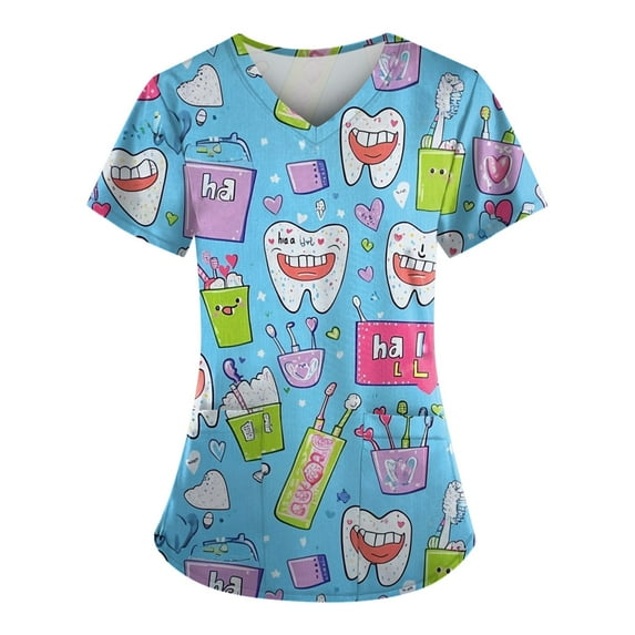 Xyxonk Scrub Tops Women's Cartoon Printed Plus Size V Neck Tops Fashion Short Sleeve Stretch Uniforms with Pockets Blue XL